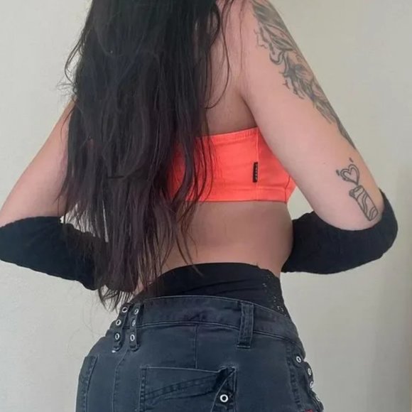 vtg neon orange Tripp NYC daang Goodman denim front zip crop top - Picture 2 of 2